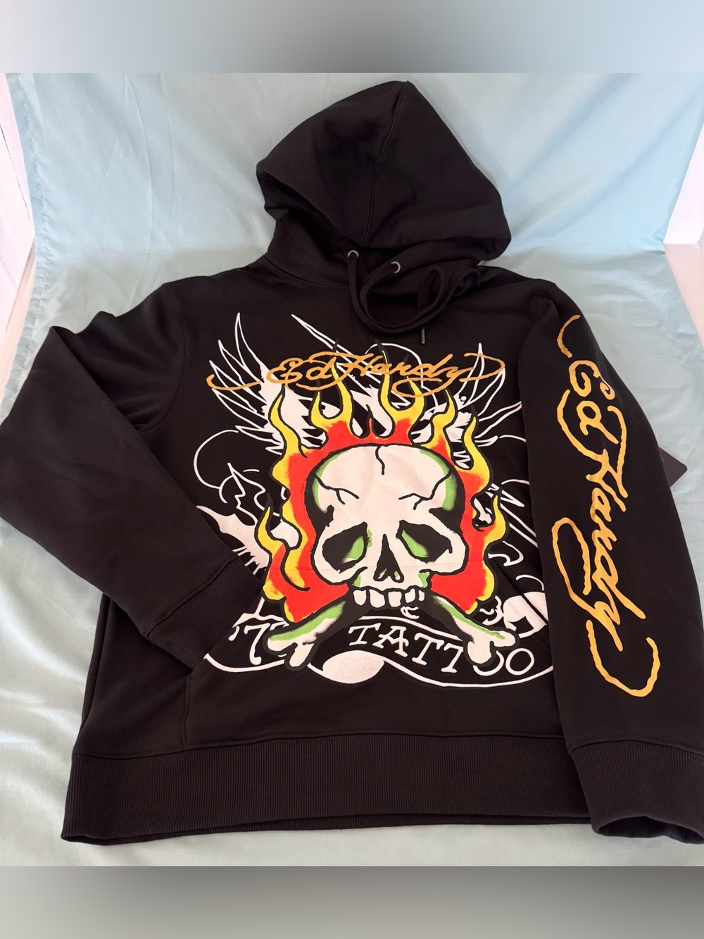 Ed Hardy Men’s Black Hoodie with Fire Skull Graphic